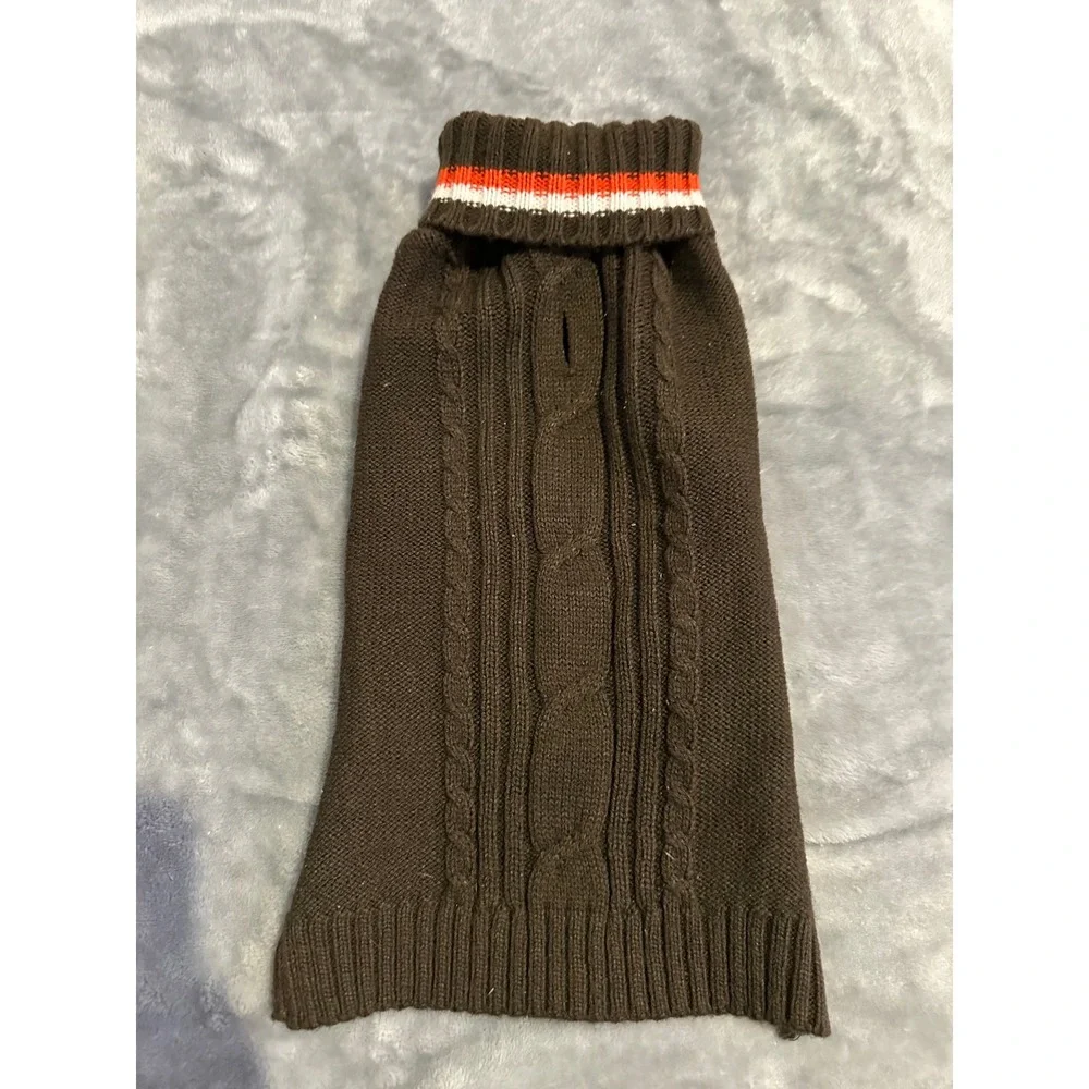 Unbranded Dog Sweater Unisex Medium Brown Cable Knit Striped Turtleneck Pet Coat